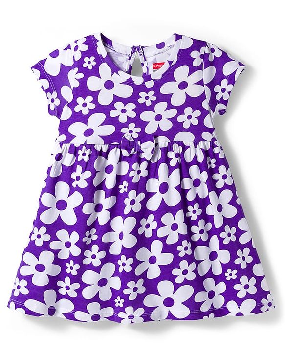 Babyhug Cotton Knit Half Sleeves Frock With Floral Print & Bloomer - Purple