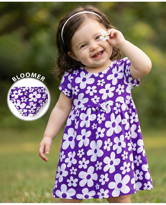Babyhug Cotton Knit Half Sleeves Frock With Floral Print & Bloomer - Purple