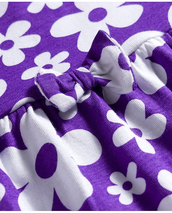 Babyhug Cotton Knit Half Sleeves Frock With Floral Print & Bloomer - Purple