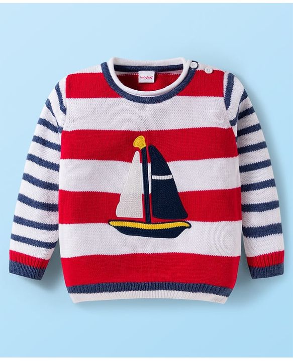 Babyhug Knit Full Sleeves Striped Pullover Sweater Set with Ship Patch Detailing - Red