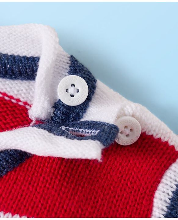 Babyhug Knit Full Sleeves Striped Pullover Sweater Set with Ship Patch Detailing - Red