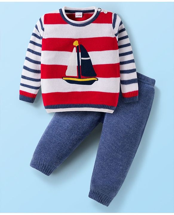 Babyhug Knit Full Sleeves Striped Pullover Sweater Set with Ship Patch Detailing - Red