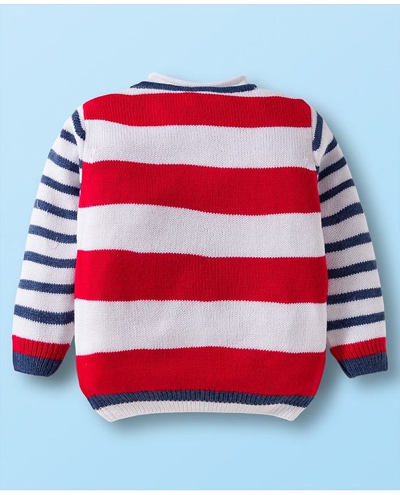 Babyhug Knit Full Sleeves Striped Pullover Sweater Set with Ship Patch Detailing - Red