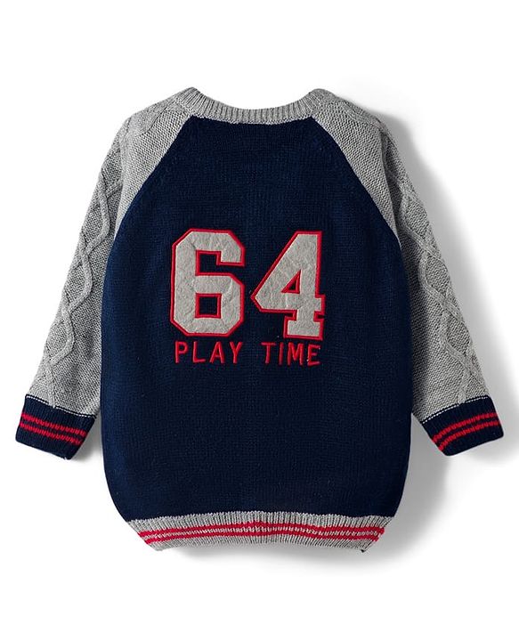 Babyhug Knitted Full Raglan Sleeves Front Open Sweater With Cable Knit Design - Navy Blue