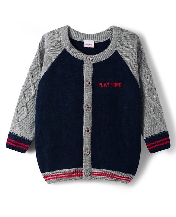 Babyhug Knitted Full Raglan Sleeves Front Open Sweater With Cable Knit Design - Navy Blue