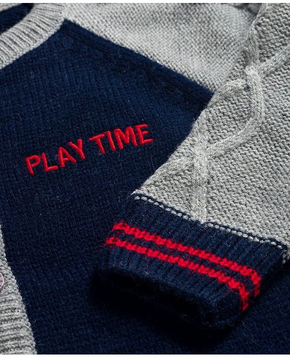 Babyhug Knitted Full Raglan Sleeves Front Open Sweater With Cable Knit Design - Navy Blue