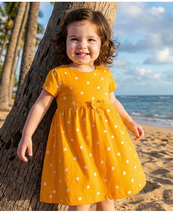 Babyhug Cotton Knit Half Sleeves Frock With Bloomer With Polka Dot - Yellow