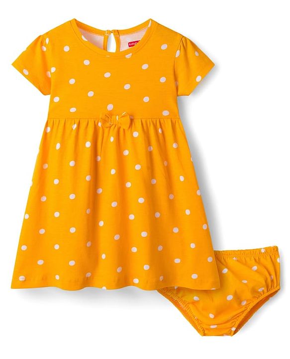 Babyhug Cotton Knit Half Sleeves Frock With Bloomer With Polka Dot - Yellow