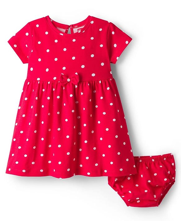 Babyhug Cotton Knit Half Sleeves Polka Dot Printed Frock With Bow Applique & Bloomer - Red