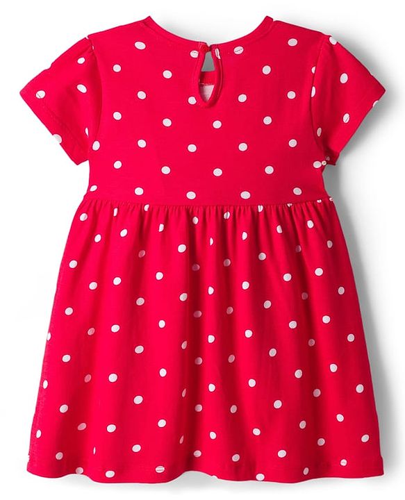 Babyhug Cotton Knit Half Sleeves Polka Dot Printed Frock With Bow Applique & Bloomer - Red