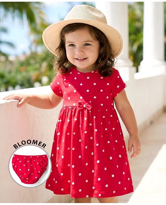 Babyhug Cotton Knit Half Sleeves Polka Dot Printed Frock With Bow Applique & Bloomer - Red