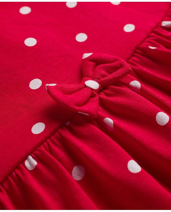 Babyhug Cotton Knit Half Sleeves Polka Dot Printed Frock With Bow Applique & Bloomer - Red