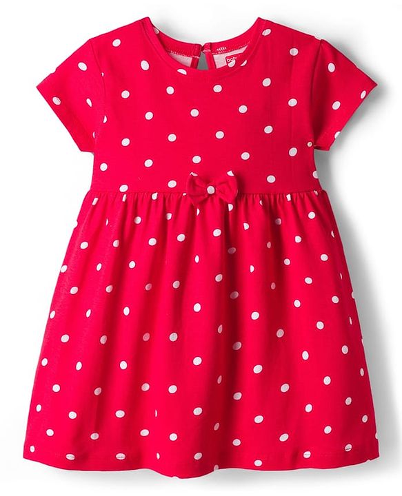 Babyhug Cotton Knit Half Sleeves Polka Dot Printed Frock With Bow Applique & Bloomer - Red
