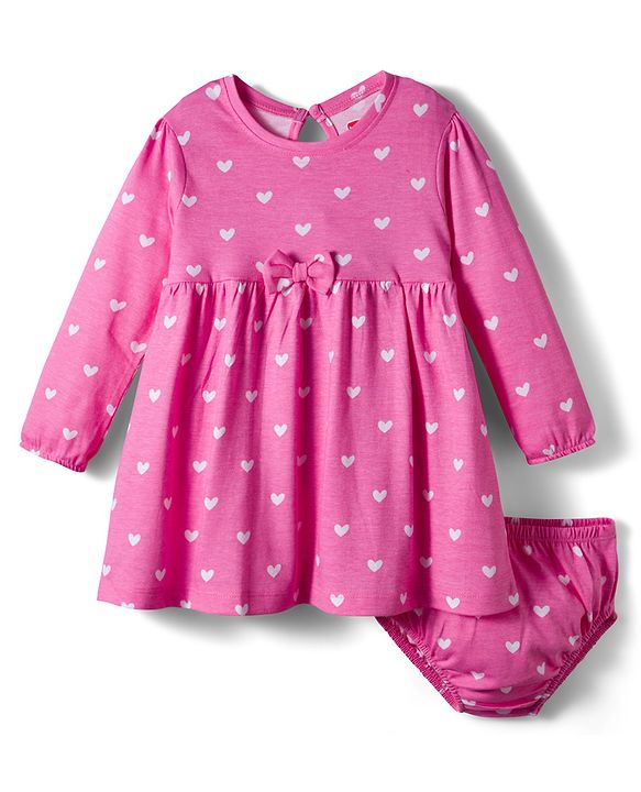Babyhug Cotton Knit Full Sleeves Frock With Bloomers & Heart Print - Pink