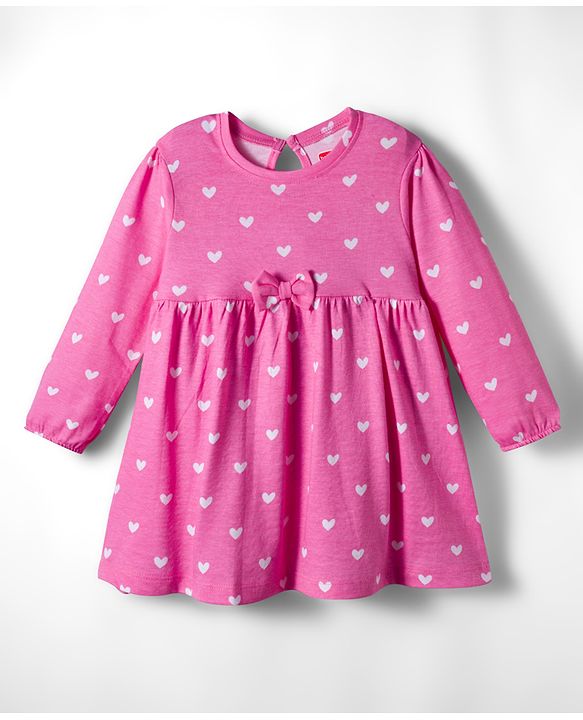 Babyhug Cotton Knit Full Sleeves Frock With Bloomers & Heart Print - Pink