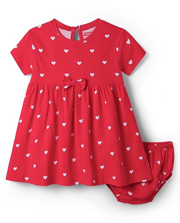 Babyhug Cotton Knit Half Sleeves Heart Printed Frock With Bow Applique & Bloomer - Red