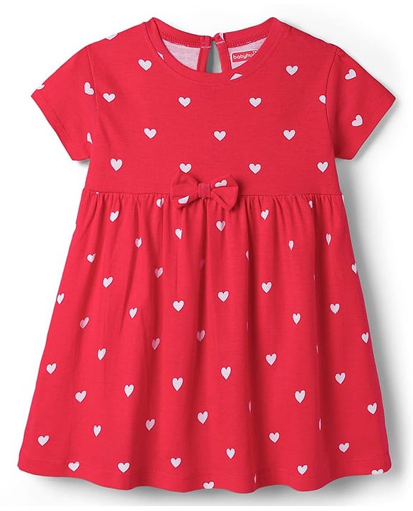 Babyhug Cotton Knit Half Sleeves Heart Printed Frock With Bow Applique & Bloomer - Red