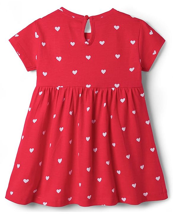 Babyhug Cotton Knit Half Sleeves Heart Printed Frock With Bow Applique & Bloomer - Red