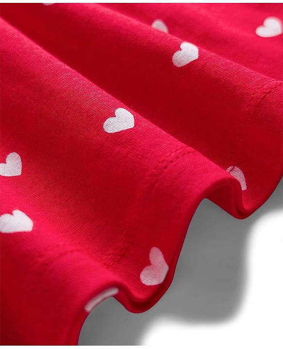 Babyhug Cotton Knit Half Sleeves Heart Printed Frock With Bow Applique & Bloomer - Red