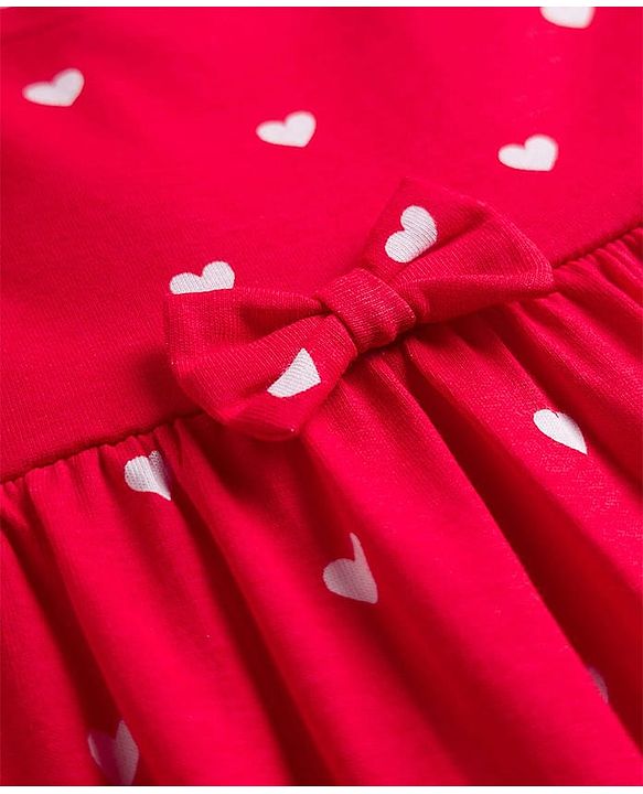 Babyhug Cotton Knit Half Sleeves Heart Printed Frock With Bow Applique & Bloomer - Red