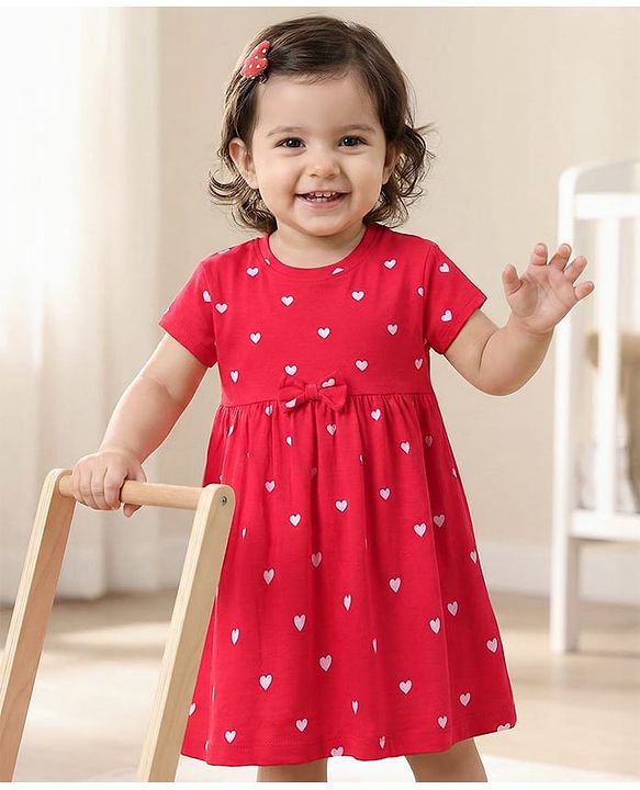 Babyhug Cotton Knit Half Sleeves Heart Printed Frock With Bow Applique & Bloomer - Red