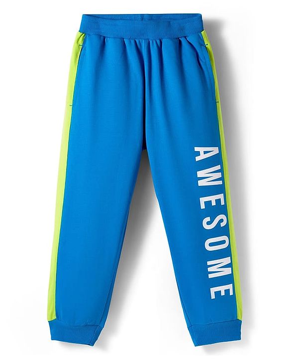 Pine Kids Cotton Knit Full Length Track Pant With Text Print - Blue