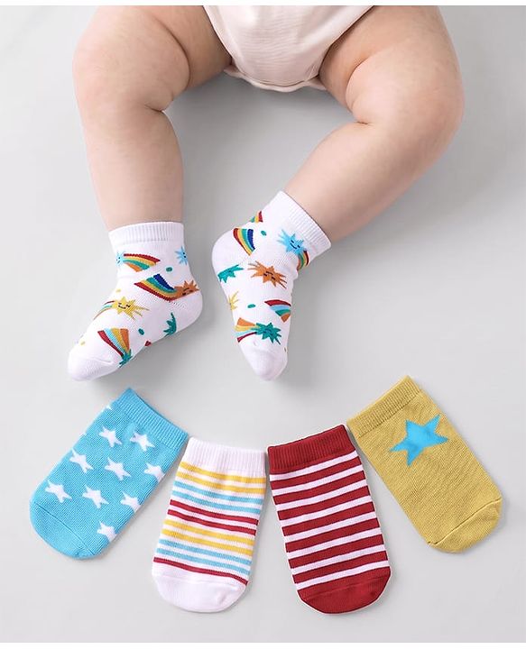Cute Walk by Babyhug Knit Ankle Length Anti Bacterial Socks with Stripe & Star Design Pack of 5 - Multicolor