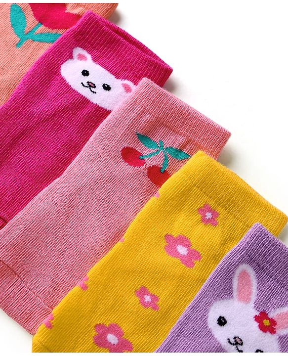 Cute Walk by Babyhug Knit Ankle Length Antibacterial Socks With Floral & Animal Design Pack Of 5 - Multicolour