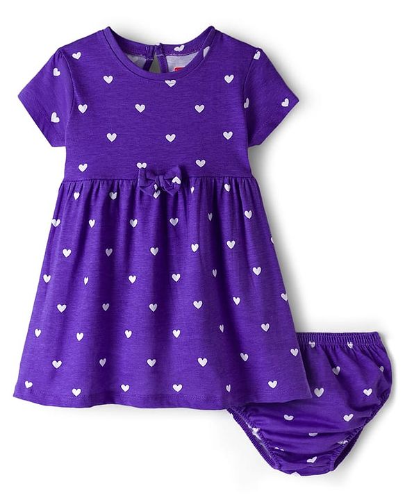Babyhug Cotton Knit Half Sleeves Frock With Heart Print & Bloomer - Purple