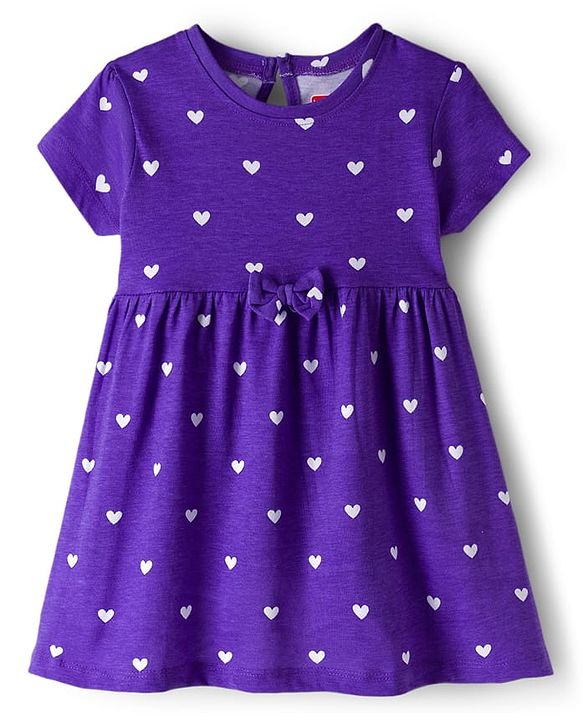 Babyhug Cotton Knit Half Sleeves Frock With Heart Print & Bloomer - Purple