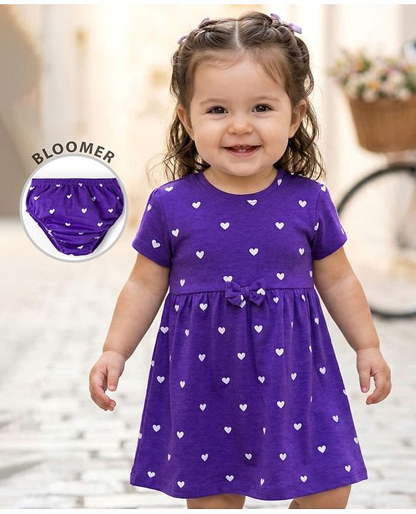Babyhug Cotton Knit Half Sleeves Frock With Heart Print & Bloomer - Purple