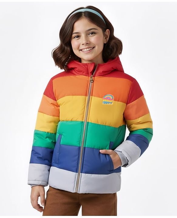 Pine Kids Woven Full Sleeves Colour Block Padded Hooded Jacket With Rainbow Patch Detailing - Multi Colour