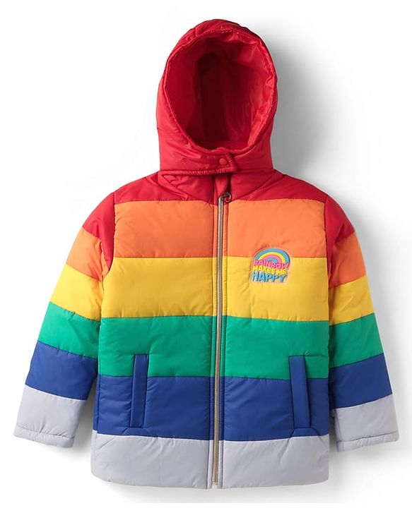 Pine Kids Woven Full Sleeves Colour Block Padded Hooded Jacket With Rainbow Patch Detailing - Multi Colour