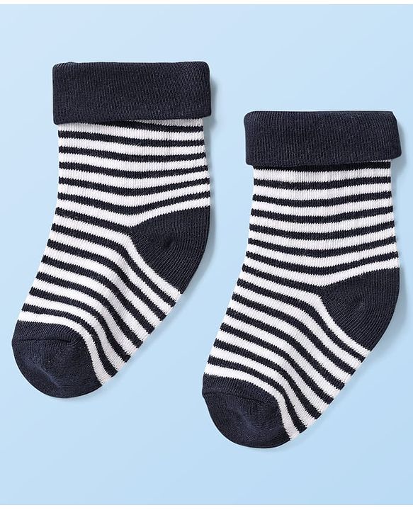 Cute Walk By Babyhug Knit Ankle Length Anti Bacterial Socks With Checks & Stripes Pack of 3 - White Navy & Medium Blue