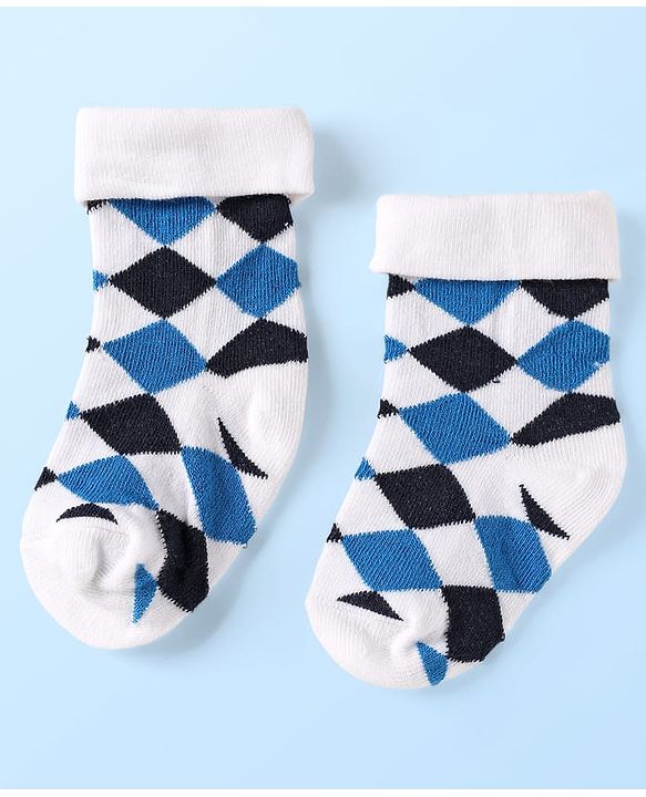 Cute Walk By Babyhug Knit Ankle Length Anti Bacterial Socks With Checks & Stripes Pack of 3 - White Navy & Medium Blue