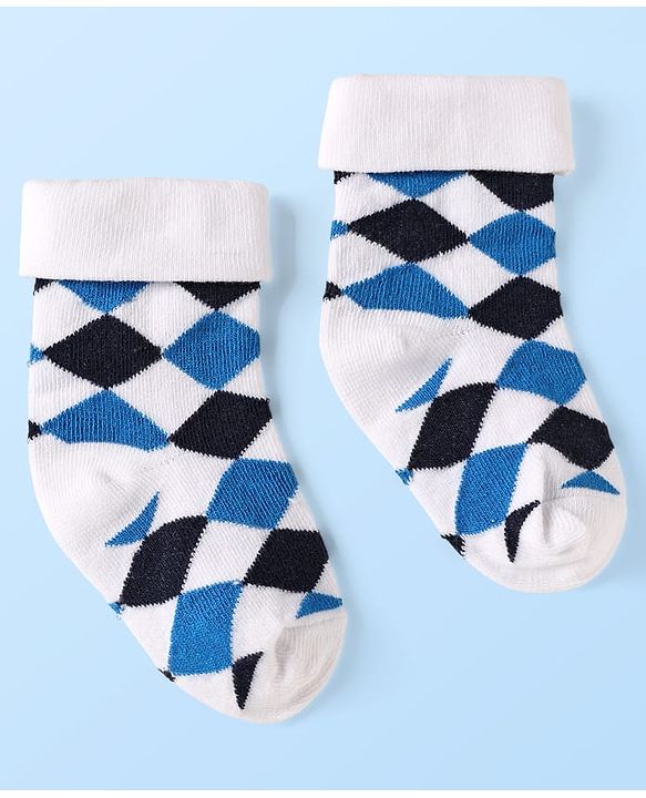 Cute Walk By Babyhug Knit Ankle Length Anti Bacterial Socks With Checks & Stripes Pack of 3 - White Navy & Medium Blue
