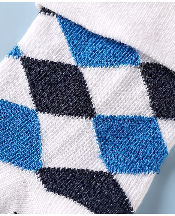 Cute Walk By Babyhug Knit Ankle Length Anti Bacterial Socks With Checks & Stripes Pack of 3 - White Navy & Medium Blue