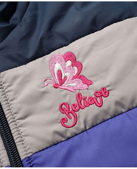 Pine Kids Woven Full Sleeves Colour Block Padded Hooded Jacket With Butterfly Embroidery - Multi Colour