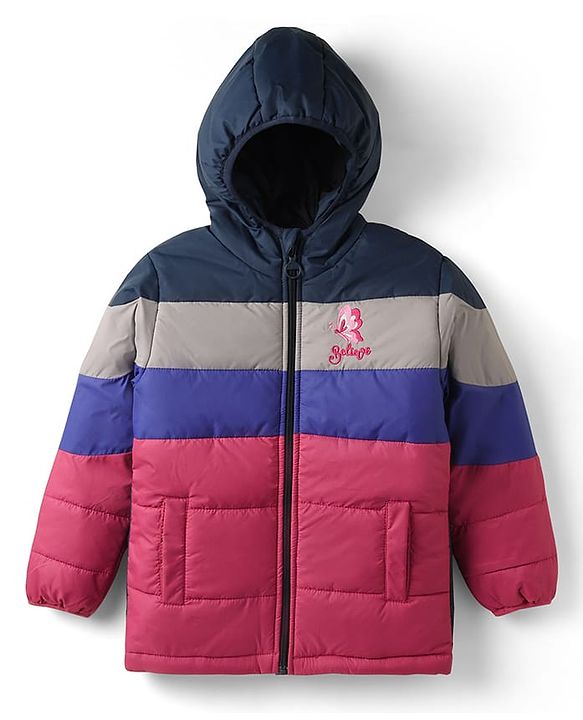 Pine Kids Woven Full Sleeves Colour Block Padded Hooded Jacket With Butterfly Embroidery - Multi Colour