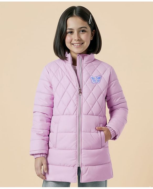 Pine Kids Woven Full Sleeves Padded Jacket with Butterfly Patch Detailing - Purple