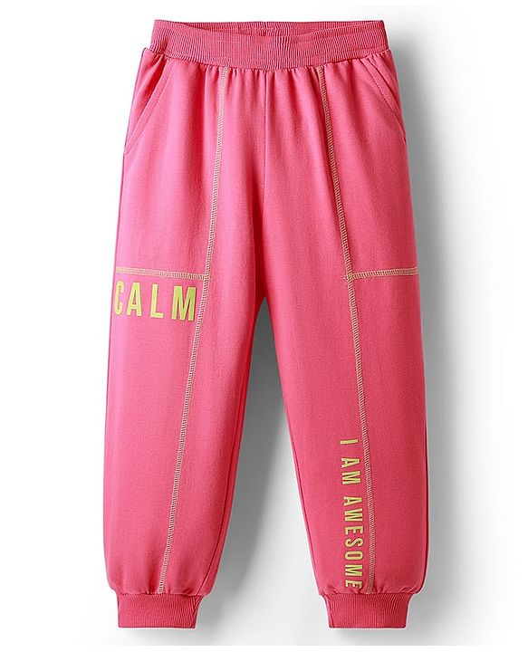 Pine Kids Cotton Knit Full Length Track Pant with Calm Text Print - Dark Pink