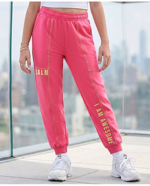 Pine Kids Cotton Knit Full Length Track Pant with Calm Text Print - Dark Pink