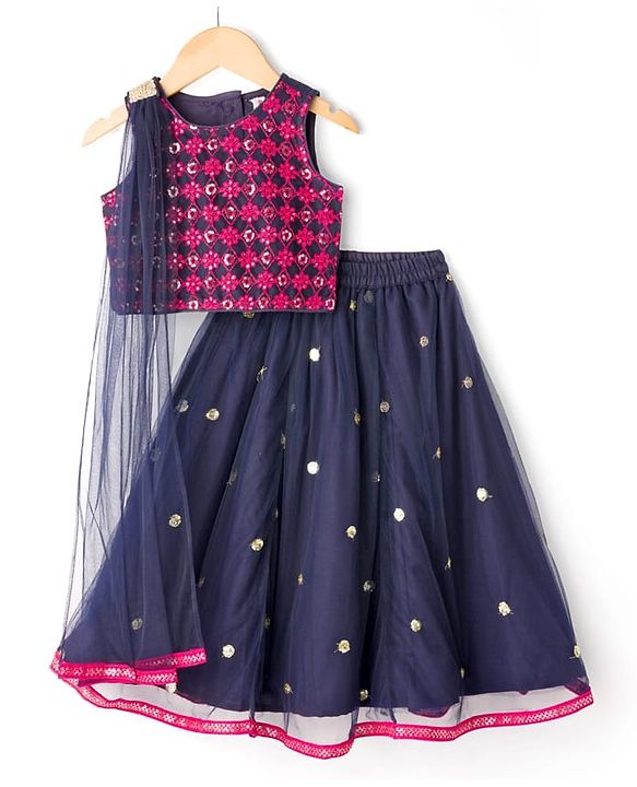 Babyhug Woven Sleeveless Choli Lehenga & Dupatta Set With Sequin Embriodery - Navy Blue