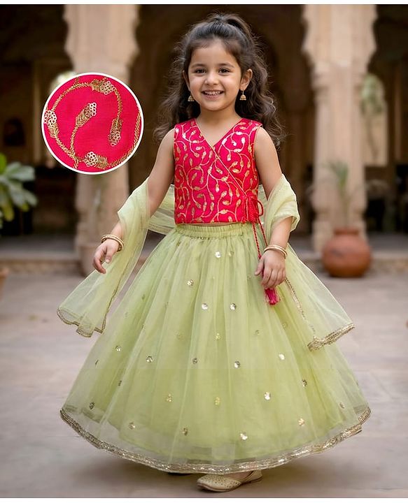 Babyhug Woven Sleeveless Choli Lehenga & Dupatta Set With Sequin Detailing - Green