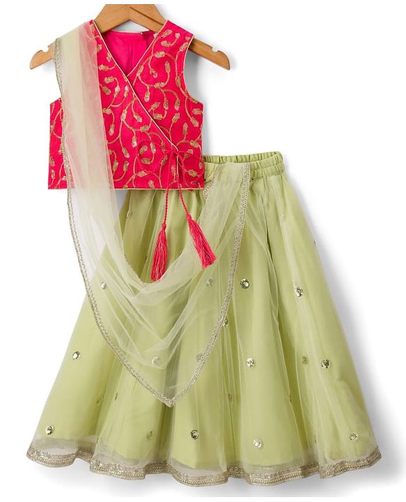 Babyhug Woven Sleeveless Choli Lehenga & Dupatta Set With Sequin Detailing - Green