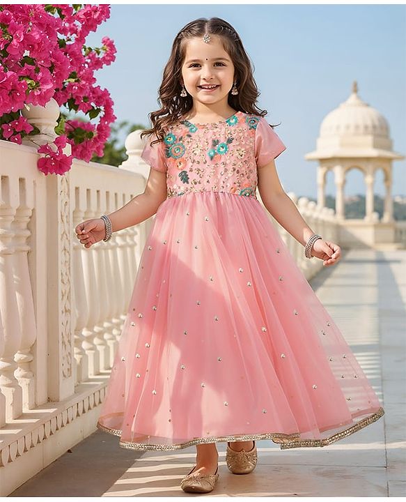 Babyhug Woven Half Sleeves Ethnic Dress With Sequin Detailing & Net Embroidered - Peach