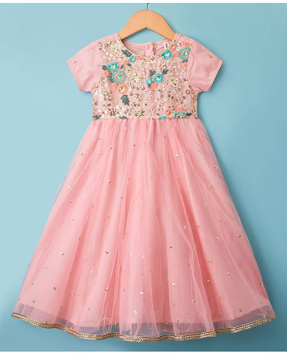 Babyhug Woven Half Sleeves Ethnic Dress With Sequin Detailing & Net Embroidered - Peach