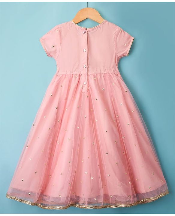 Babyhug Woven Half Sleeves Ethnic Dress With Sequin Detailing & Net Embroidered - Peach