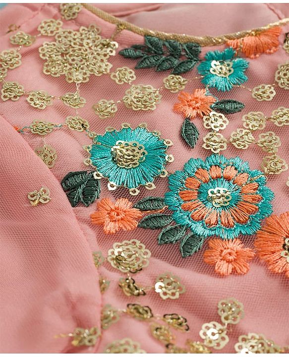 Babyhug Woven Half Sleeves Ethnic Dress With Sequin Detailing & Net Embroidered - Peach
