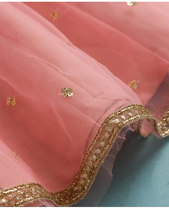 Babyhug Woven Half Sleeves Ethnic Dress With Sequin Detailing & Net Embroidered - Peach